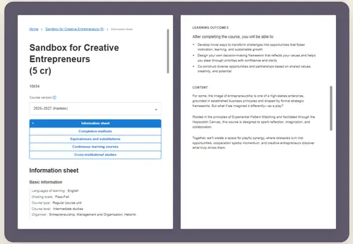 Official Hanken Sisu course description for Sandbox for Creative Entrepreneurs.